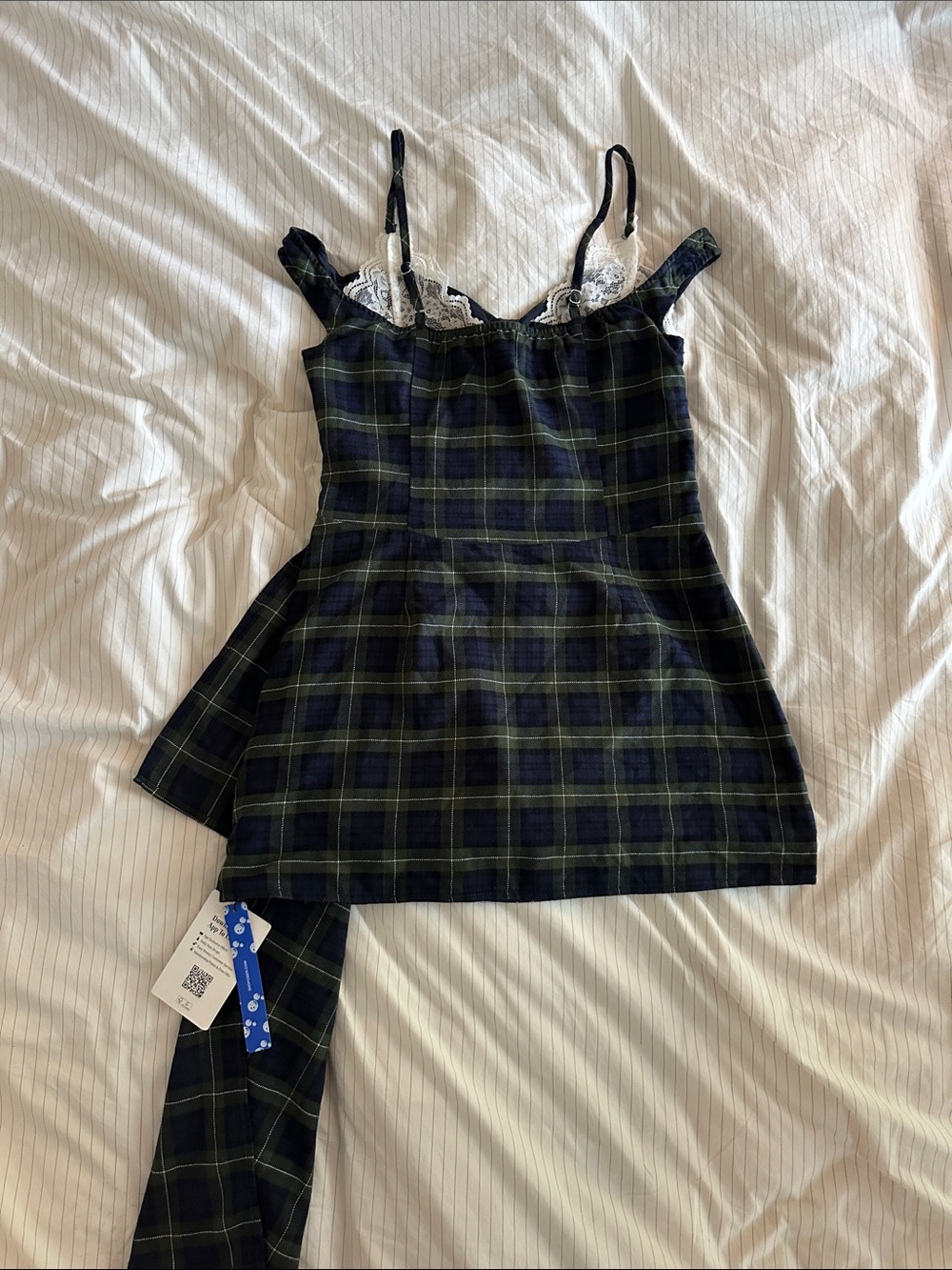 Cider - Plaid Asymmetric Dress with Draped Skirt and Lace Trim - Picture 5 of 5